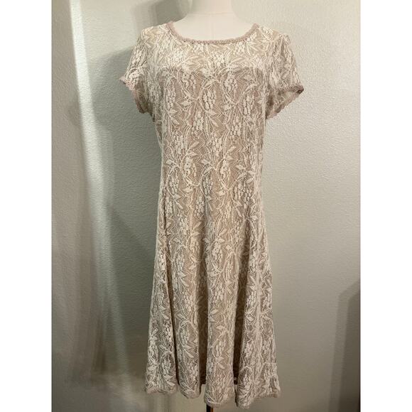 SUNDANCE Dress | Ivory Lace Sweetheart Midi Lined Short Sleeve Romantic | LARGE - Picture 2 of 9
